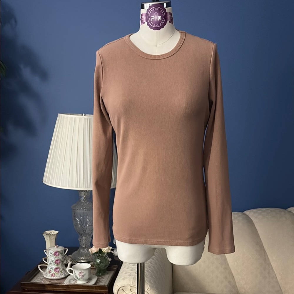 Tan-Brown Long Sleeve Fitted Ribbed T-shirt